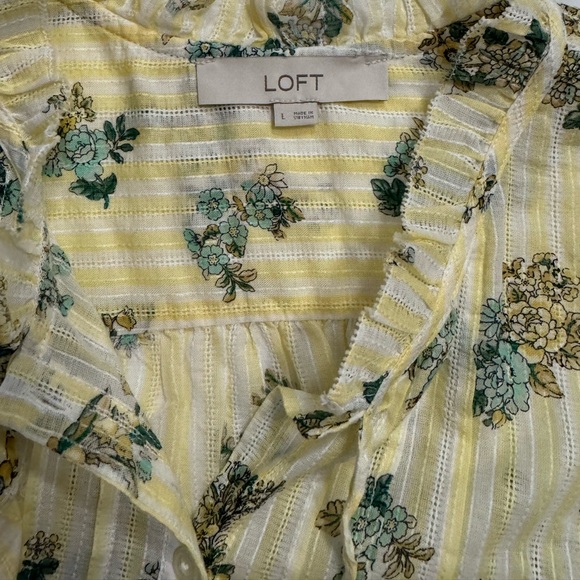 Loft Floral Tie Neck Button Up Blouse Yellow Size Large yellow white striped - Picture 5 of 9